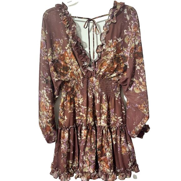Anna Cai New York Womens Brown Smocked Ruffle Boho Fit & Flare Dress Size Medium - Picture 4 of 8